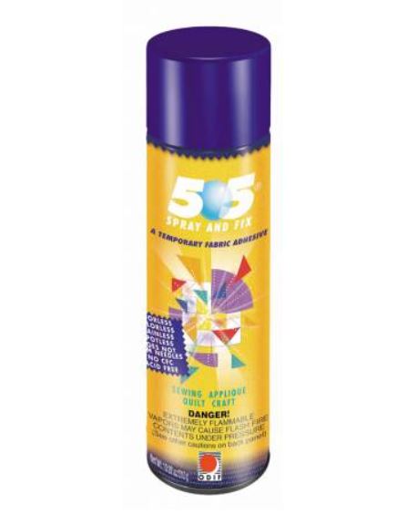 Odif 505 Temporary Fabric Adhesive is ideal for no pin basting of the quilting sandwich. It avoids threading steps and the use of pins. It is also used for temporary and precise holding of the fabric during sewing or machine embroidery. It does not stain the fabric. It evaporates when the fabric is handled and disappears when washed. Use: Fabric Adhesive Spray Size: Each Can 14.7oz