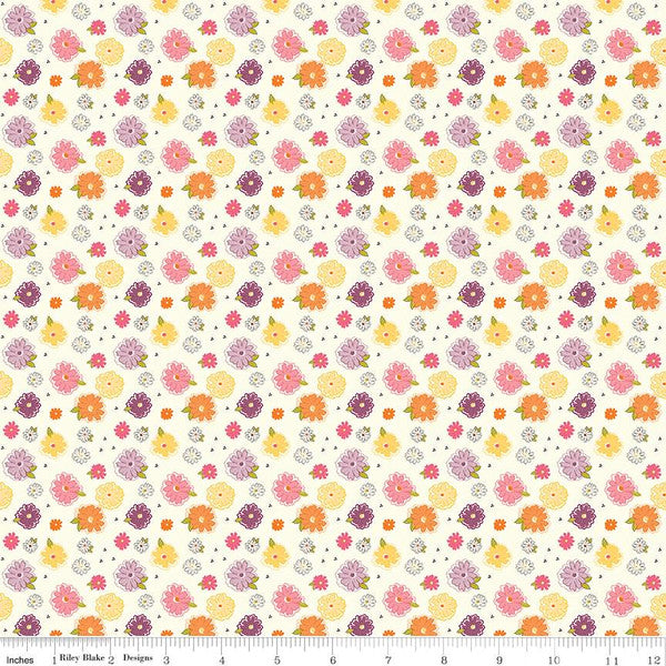 Adel in Summer by Sandy Gervais for Riley Blake Designs is great for quilting, apparel and home decor. This print features tossed zinnias and clusters of tiny dots. Sold by the 1/2 yard. Fabric will be cut in one continuous piece unless the customer notes otherwise. 100% cotton Width: 43"/44"