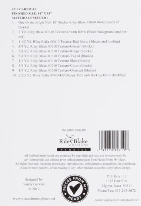 The Carnival Quilt by Sandy Gervais of Pieces from My Heart features pieced blocks that create a chained starburst effect. Finished size is 84" x 84".