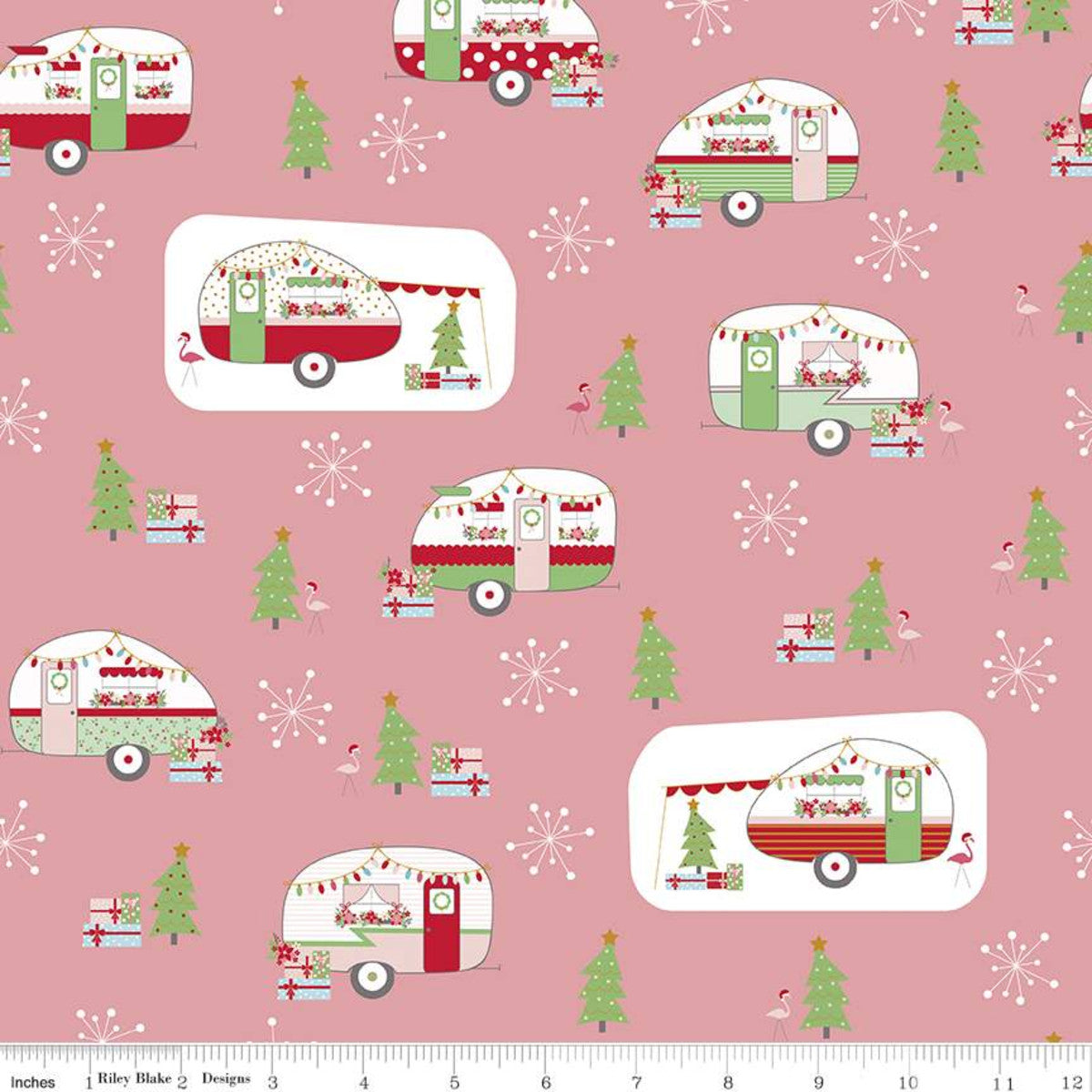 Christmas Adventure by Beverly McCullough of Flamingo Toes for Riley Blake Designs is great for quilting, apparel and home decor. This print features camping trailers, Christmas trees, flamingoes, snowflakes, and presents. Gold is Gold Sparkle. Sold by the 1/2 yard. Fabric will be cut in one continuous piece unless the customer notes otherwise. 100% cotton Width: 43"/44"