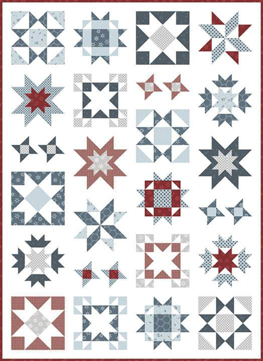 The Clear Sky Quilt by Andy Knowlton of A Bright Corner features pieced stars. Finished size is 58" x 80".