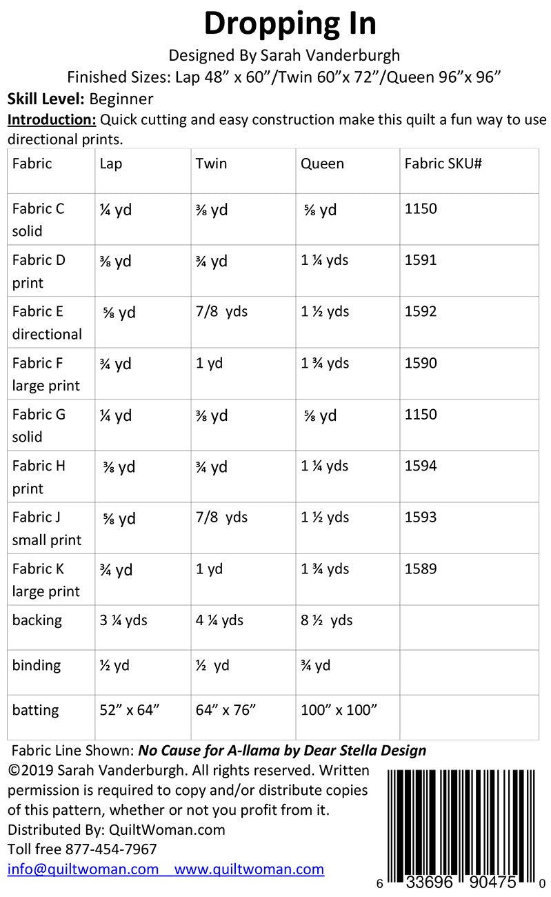 Designed by: Sew Joy Creations Quick cutting and easy construction make this quilt a fun way to use directional prints. Paper, PDF or digital: Paper Final Product: Lap/Throw 48in x 60in; Twin 60in x 72in; Queen 96in x 96in Technique: Pieced Skill Level: Advanced Beginner
