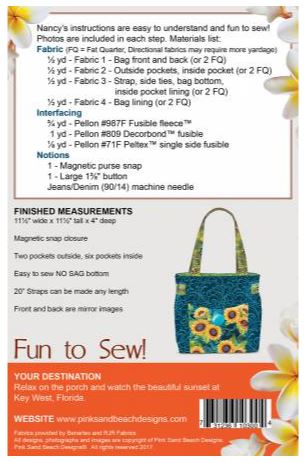 11-1/2in wide x 11-1/2in tall x 4in deep. This handbag has pockets galore! Features 2 pockets outside and 6 pockets inside. Magnetic snap closure. Fat quarter friendly. Great for classes and kits. Full color instructions with pictures. Use PSBD Magnetic purse snaps - #PSB210 (silver), #PSB211 (gold), #PSB212 (black).