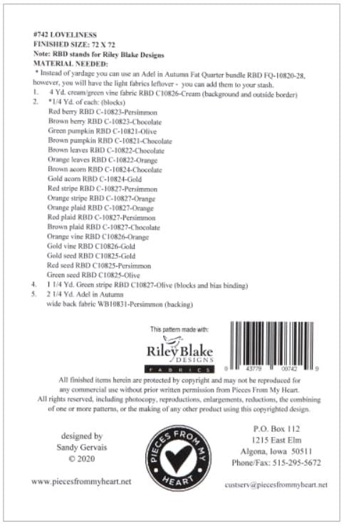 The Loveliness Quilt by Sandy Gervais of Pieces from My Heart is fat quarter friendly and makes a lovely fall quilt but is very versatile and will work for any season by changing up the fabrics. Finished size is 72" x 72".