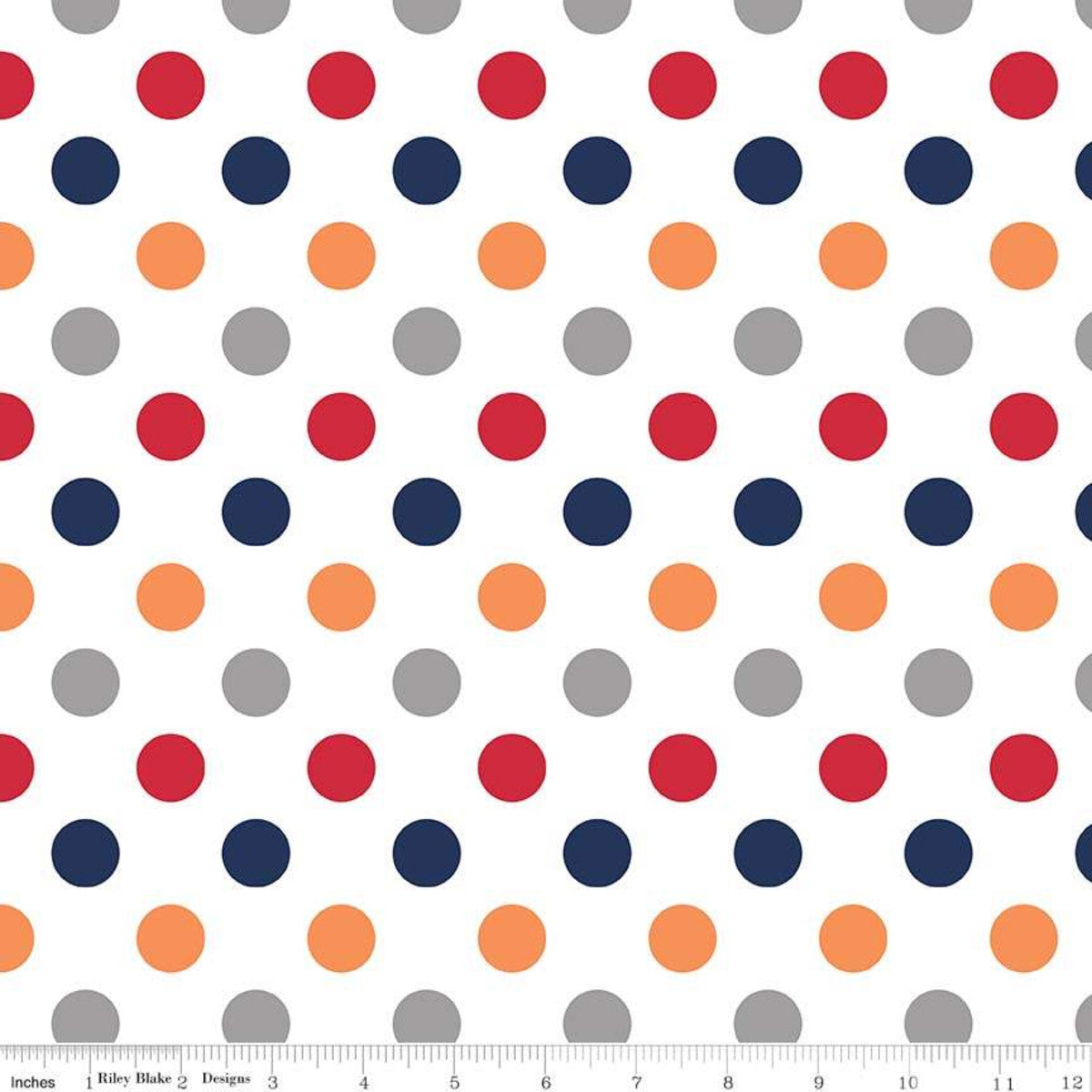 This Riley Blake Designs Basic fabric features a 3/4" multi colored polka dot pattern on a white background. It's perfect for quilting, apparel and home decor projects. Sold by the 1/2 yard. Fabric will be cut in one continuous piece unless the customer notes otherwise. 100% cotton Width: 43"/44"