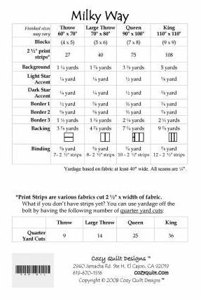 Milky Way - A Strip Club Pattern Designed for 2½” Strips! Who doesn’t love stars?! With this Strip Club pattern you create your own Milky Way out of 2 ½" strips. The many shades or colors in the strip bundle create the dynamic sky, and the background fabric creates the stars. Look closely and you will also see subtle pinwheels too! The pattern includes instructions for: Throw 60in x 70in Large Throw 70in x 80in Queen 90in x 100in King 110in x 110in