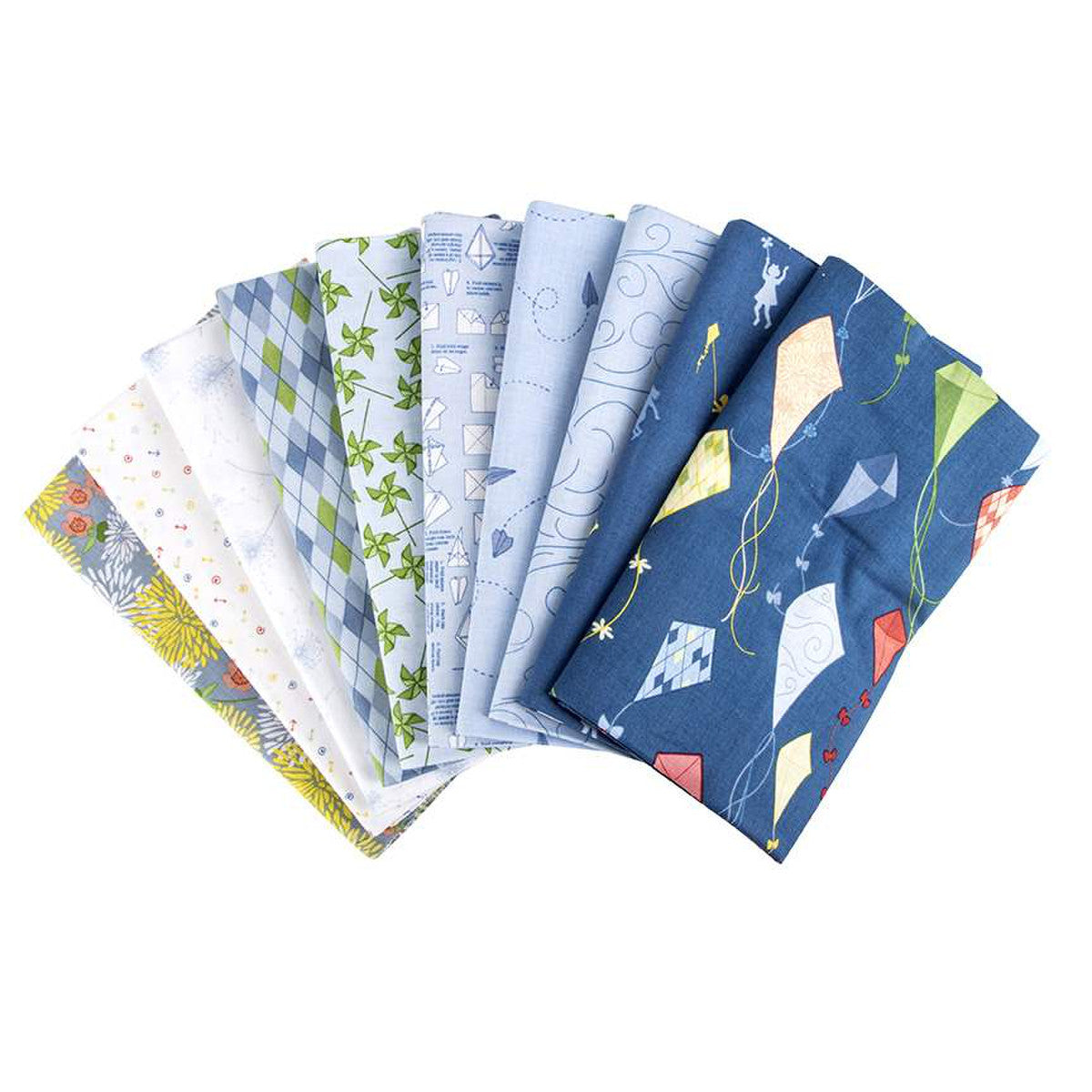 This 1-Yard precut bundle includes a 1-yard piece of each print in the blue colorway (C11850-BLUE, C11851-DENIM, C11852-SKY, C11853-SKY, C11854-SKY, C11855-SKY, C11856-SKY, C11857-WHITE, C11858-SKY, C11859-MULTI) from the On the Wind collection by Jill Finley of Jillily Studio for Riley Blake Designs for a total of 10 yards. 100% cotton Width: 43"/44"