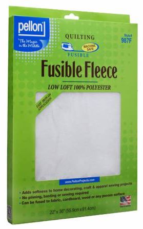 Pellon® Fusible Fleece is a one-sided fusible fleece that adds a layer of softness, body, and stability to home decorating, craft and apparel sewing. No Pinning! No Basting! No Sewing! Can be fused to fabric, cardboard, or wood. It is completely sewing machine safe. 100% Low Loft Acid-Free Polyester. 45in by-the-yard width. Packaged Size: 22in x 36in. Sewing Machine Safe Non-Woven Fusible Weight: Heavy Single Sided Washing/Drying instructions: Machine wash warm, delicate cycle. Tumble dry low or dry clean.