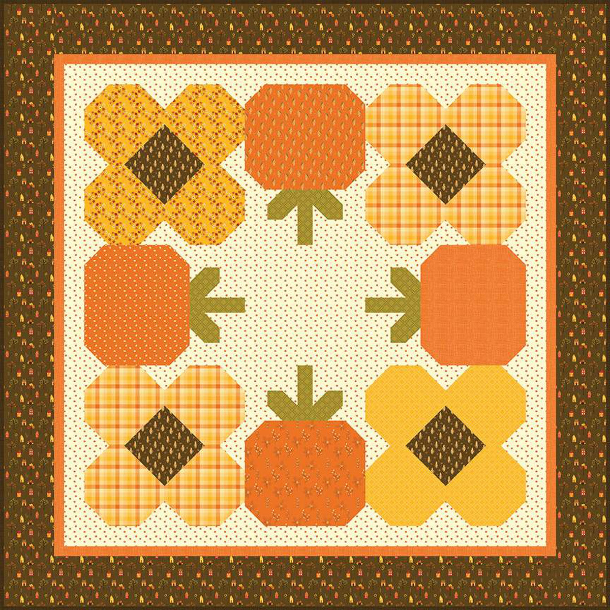 The Pumpkin Parade Runner and Quilt by Sandy Gervais of Pieces from My Heart are quick and easy piecing. You can choose to put faces on the pumpkins or not. This pattern includes instructions for both a quilt and a runner. Finished quilt size is 60" x 60". Finished runner size is 20" x 80".