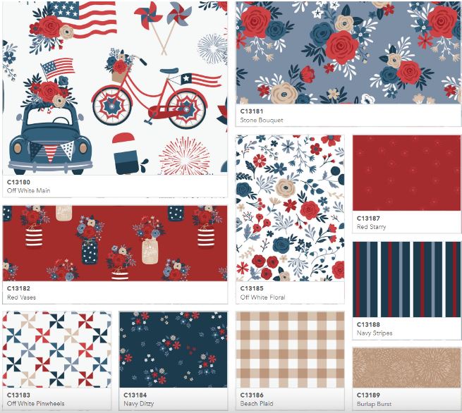 This Fat Quarter precut bundle includes 30 pieces from the Red, White and True collection by Dani Mogstad for Riley Blake Designs. 100% cotton Width: 18" x 22"
