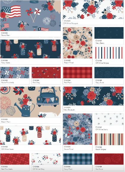 This Fat Quarter precut bundle includes 30 pieces from the Red, White and True collection by Dani Mogstad for Riley Blake Designs. 100% cotton Width: 18" x 22"