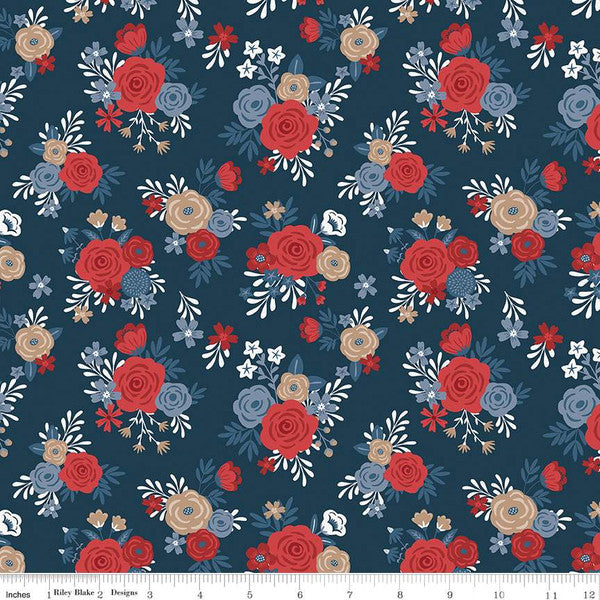 Red, White and True by Dani Mogstad for Riley Blake Designs is great for quilting, apparel and home decor. This print features clusters of flowers. Sold by the 1/2 yard. Fabric will be cut in one continuous piece unless the customer notes otherwise. 100% cotton Width: 43"/44"
