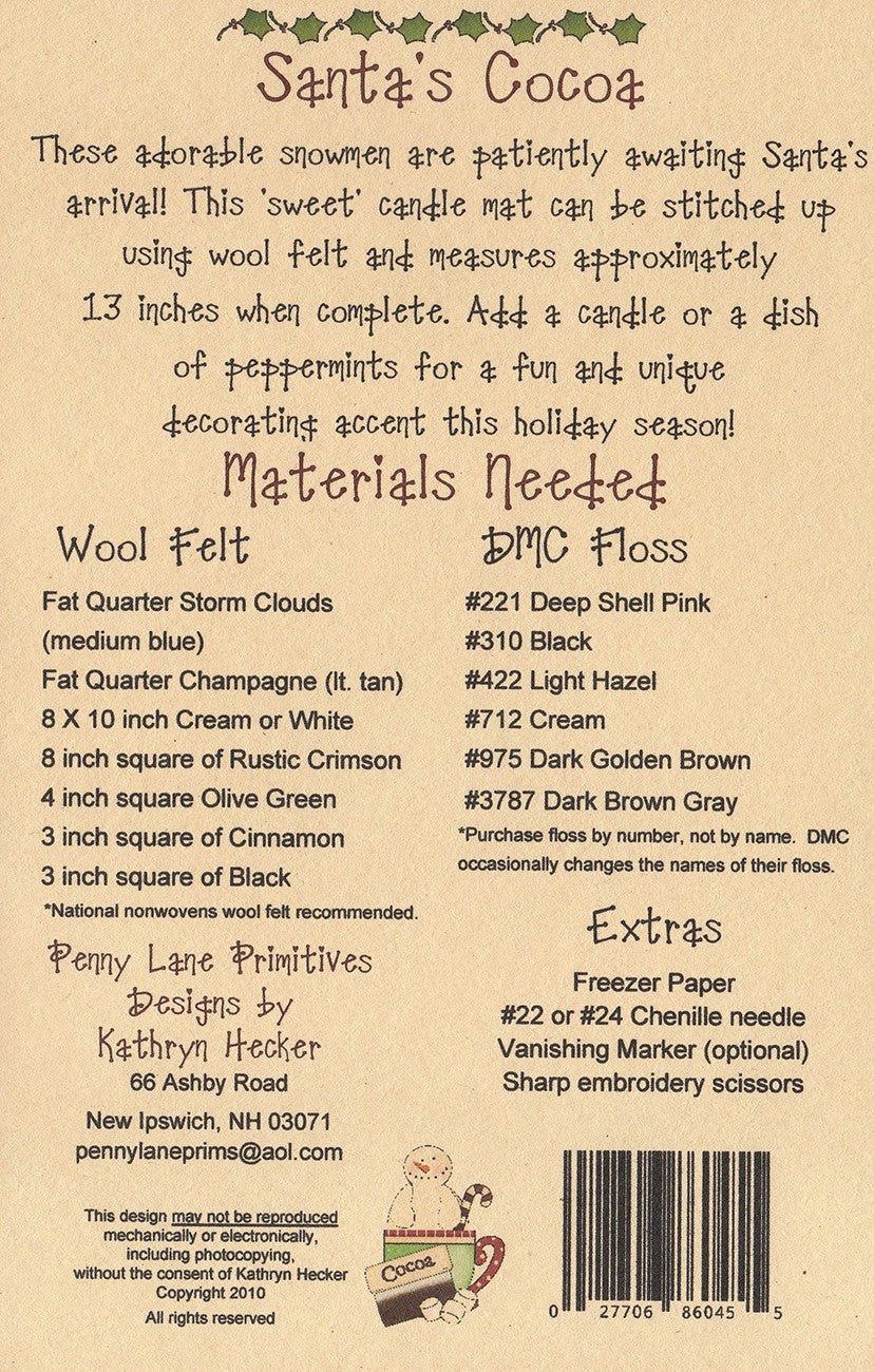 These adorable snowmen are patiently awaiting Santa's arrival! This 'sweet' candle mat can be stitched up using wool felt and measures approximately 13 inches when complete. Add a candle or a dish of peppermints for a fun and unique decorating accent this holiday season!