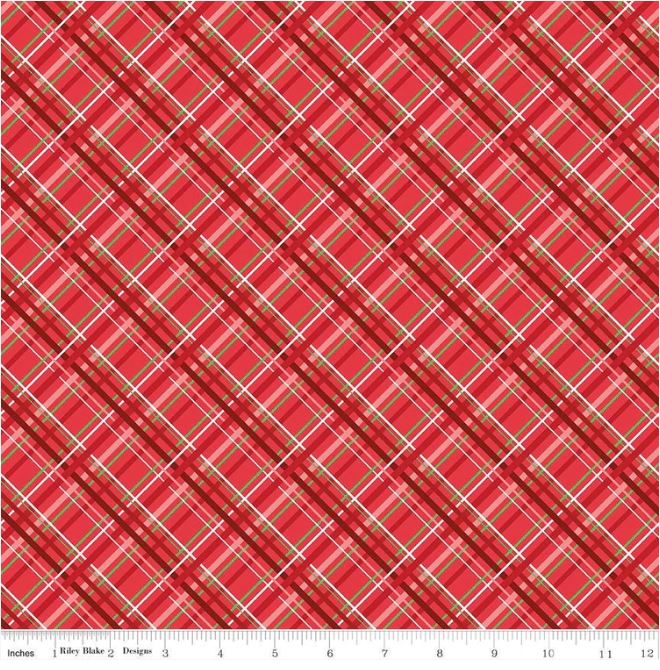 Cute pink and green plaid on red. Let it snow! This fabric collection by Heather Peterson from Riley Blake Designs will transport you to your own winter wonderland. Featuring festive favorites like snowmen, reindeer, and poinsettias, Snowed In is the belle of the snowball! Sold by the 1/2 yard. Fabric will be cut in one continuous piece unless the customer notes otherwise. 100% cotton Width: 43"/44"