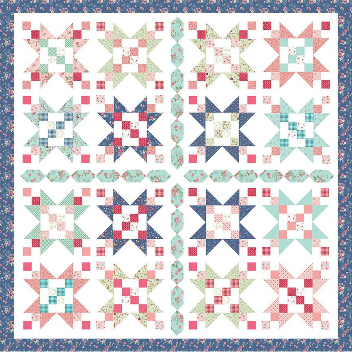 The Starry Meadow Quilt by Beverly McCullough of Flamingo Toes features quadrants of pieced star blocks with sashing between the quadrants and is fat quarter friendly. Finished size is 84" x 84". Fabric featured in quilt Enchanted Meadow by Beverly McCullough.