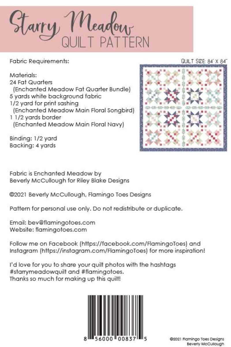 The Starry Meadow Quilt by Beverly McCullough of Flamingo Toes features quadrants of pieced star blocks with sashing between the quadrants and is fat quarter friendly. Finished size is 84" x 84". Fabric featured in quilt Enchanted Meadow by Beverly McCullough.