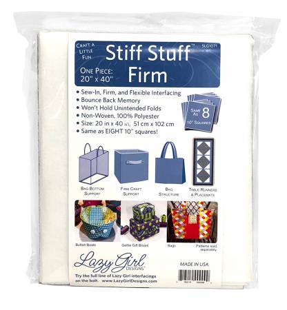 Packaged yardage of our firm, flexible, sew-in, dense interfacing. Great for bags, bins, crafts, table runners and placemats. Will make one large bag front, back, handles, and bottom support. Includes directions to make sew-in bag support, replacing our Bag-E-Bottoms products. Equals eight 10in squares. Size 20in x 40in Non-Woven Sew-In Weight: Medium Single Sided Washing/Drying instructions: Machine wash, dry low.