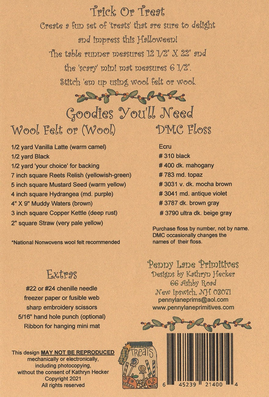 Create a fun set of 'treats' that are sure to delight and impress this Halloween! The table runner measures 12.5in x 22in and the 'scary' mini mat measures 6.5in. Stitch 'em up using wool felt or wool. Printed Paper Pattern Final Product: Placemat, Table Runner or Table Topper Finished Size: 12.5in x 22in Technique: Applique, wool applique Templates included: Yes - Paper Templates Skill Level: Confident Beginner