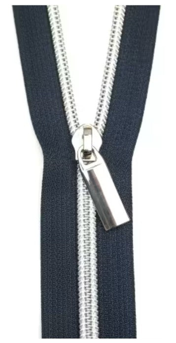 Navy #5 Nylon Nickel Coil Zippers: 3 Yards with 9 Pulls