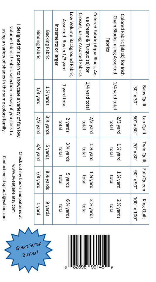 This quilt pattern was designed to show off cute low volume fabrics. Fabric selection is easy for the colored fabric because you just stick to a variety of shades in the same color family.