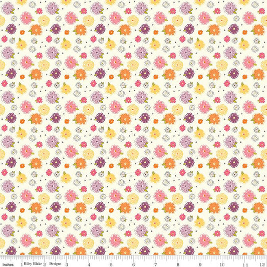 Adel in Summer by Sandy Gervais for Riley Blake Designs is great for quilting, apparel and home decor. This print features tossed zinnias and clusters of tiny dots.  Sold by the 1/2 yard.  Fabric will be cut in one continuous piece unless the customer notes otherwise.   100% cotton  Width: 43"/44"