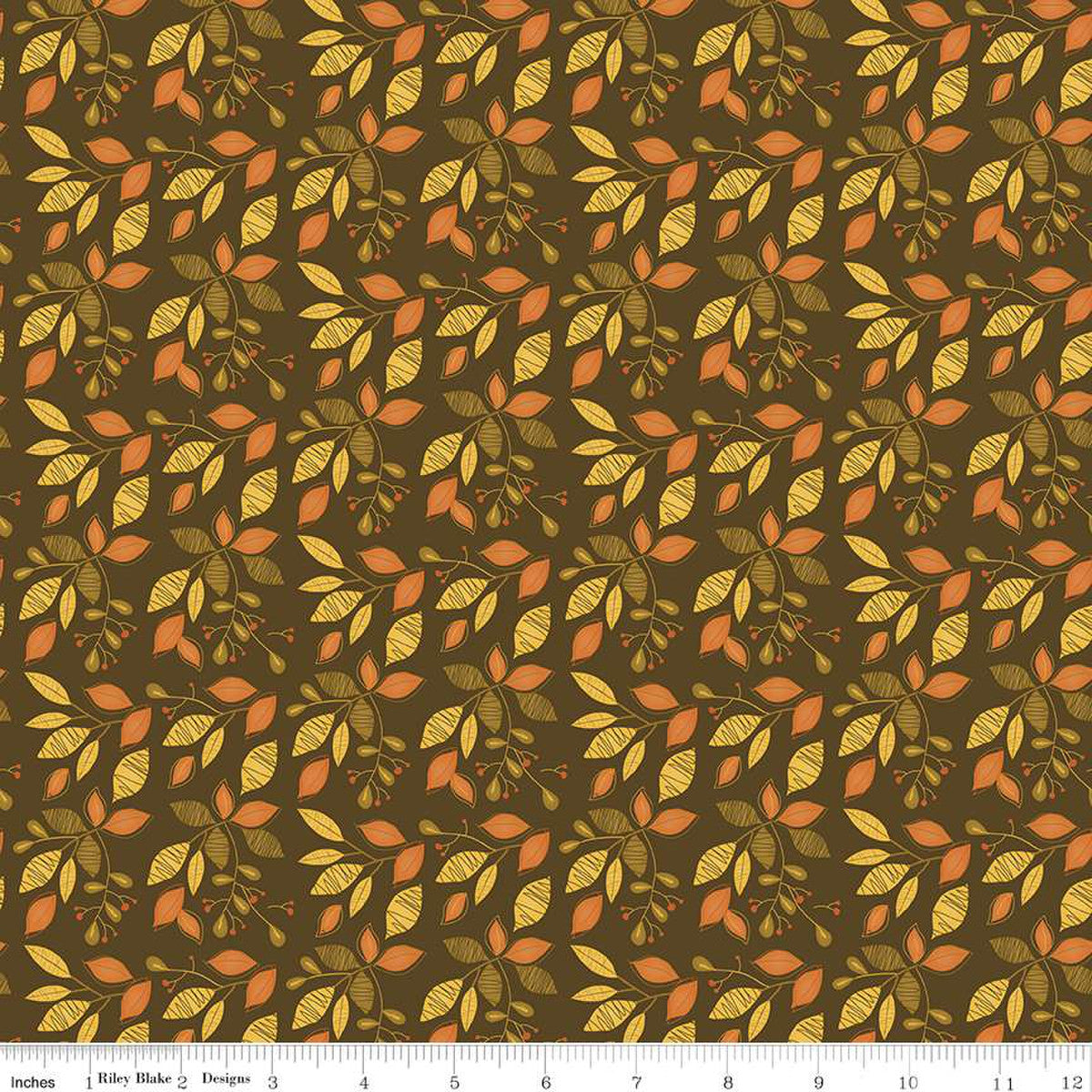 Adel in Autumn by Sandy Gervais for Riley Blake Designs is great for quilting, apparel and home decor. This print features tossed sprigs of leaves.  Sold by the 1/2 yard.  Fabric will be cut in one continuous piece unless the customer notes otherwise.   100% cotton  Width: 43"/44"