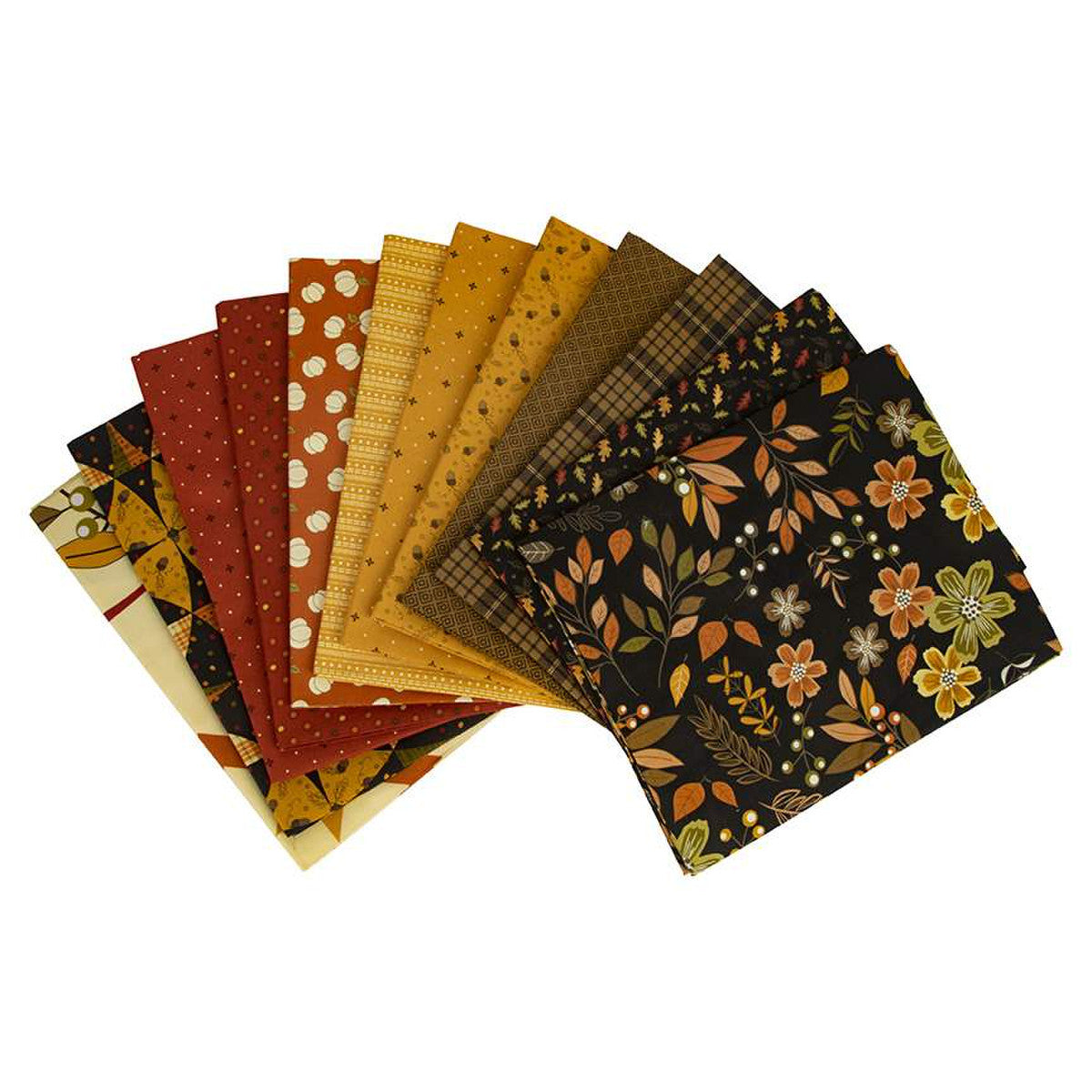 This 1-Yard precut bundle includes a 1-yard piece of each print in the raisin colorway (C12170-RAISIN, C12171-ORANGE, C12172-SAFFRON, C12173-RAISIN, C12174-SIENNA, C12175-RED, C12176-RED, C12176-SAFFRON, C12177-SIENNA, C12178-SAFFRON, CH12179-MULTI) and the P12180-RAISIN panel from the Awesome Autumn collection by Sandy Gervais for Riley Blake Designs for a total of 11 yards and 1 panel.  100% cotton  Width: 43"/44"