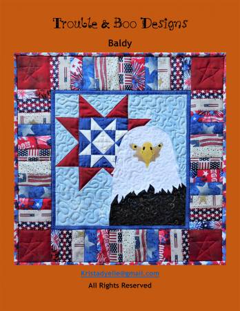Colorful, patriotic wall hanging (18” sq.) of our great American national bird, the bald eagle, executed in raw-edge, fused & stitched applique. He’s backed by a pieced, red, white & blue Double Star block & surrounded by a strip-pieced border of bright, patriotic prints.  Printed Paper Pattern Finished Size 18in x 18in Final Product: Wall Hanging Technique Used: Applique and Strip Quilting Skill Level: Confident Beginner