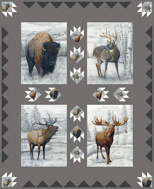 The Big Game Pillow Panel Quilt Boxed Kit includes pattern and fabric for quilt top and binding. Backing not included. Fabric featured is Big Game by the RBD Designers. Pattern is also by the RBD Designers. The quilt features a patchwork of elk, moose, whitetail deer, and bison. Finished size is 44" x 54". Quilt kit comes in a keepsake box.