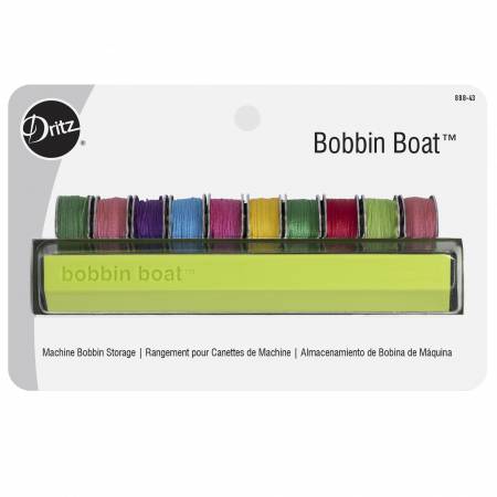 The Dritz Bobbin Boat is compact enough to slip into the side pocket of a rolling sewing machine tote or throw into a small sewing basket, all while keeping bobbins neat and tidy. Holds ten class 15 or class 66 bobbins.  Bobbins not included.  Made of: Plastic Use: Bobbin Storage Size: 1in x 4-7/8in Included: One Storage Boat