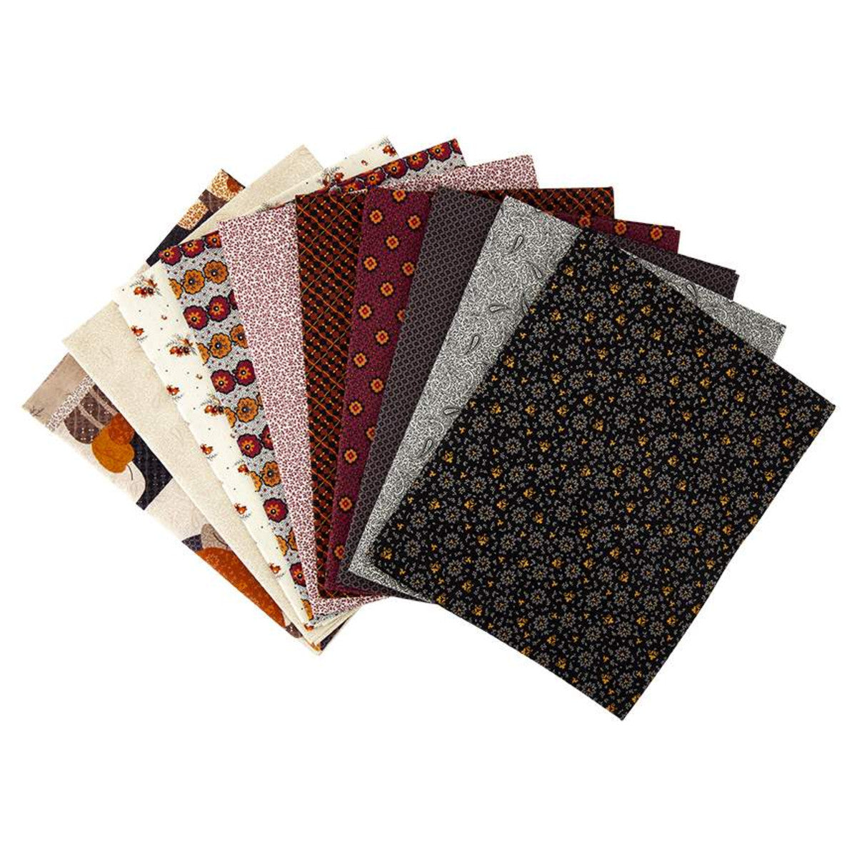 This 1-Yard precut bundle includes a 1-yard piece of each print in the black colorway (C10851-RUST, C10852-BLACK, C10854-CREAM, C10855-RUST, C10856-RUST, C10858-RUST, C10859-BLACK, C10859-CREAM, C10860-GRAY) and P10861-PANEL from the Bountiful Autumn collection by Stacy West of Buttermilk Basin Design Co. for Riley Blake Designs for a total of 9 yards and 1 panel.  100% cotton  Width: 43"/44"