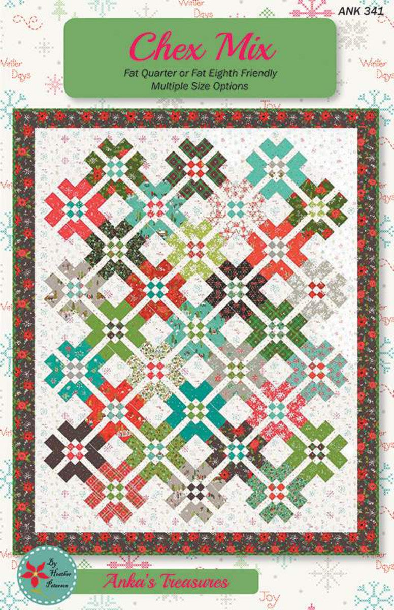 The Chex Mix Quilt by Heather Peterson of Anka's Treasures is an easy to piece quilt pattern using fat quarters or fat eights. The pattern includes multiple size options. Finished size shown is 63 1/2" x 79 3/8".