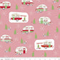 Christmas Adventure by Beverly McCullough of Flamingo Toes for Riley Blake Designs is great for quilting, apparel and home decor. This print features camping trailers, Christmas trees, flamingoes, snowflakes, and presents. Gold is Gold Sparkle.  Sold by the 1/2 yard.  Fabric will be cut in one continuous piece unless the customer notes otherwise.  100% cotton  Width: 43"/44"