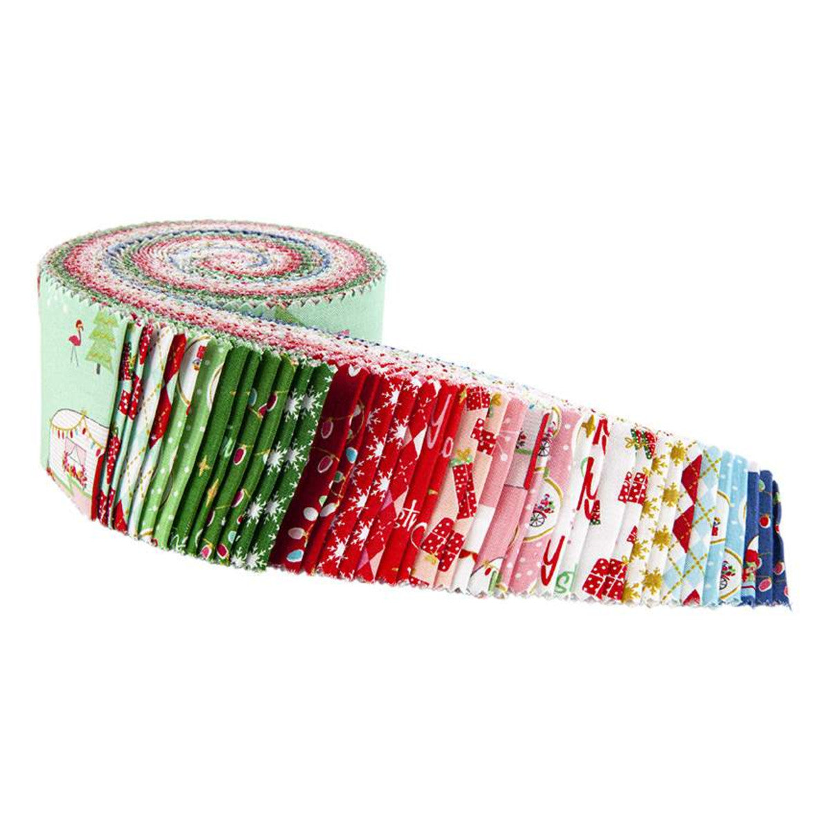 This 2 1/2" Rolie Polie precut bundle includes 40 pieces from the Christmas Adventure collection by Beverly McCullough of Flamingo Toes for Riley Blake Designs. Each print will be included 1-2 times in the bundle.  100% cotton  Width: 2 1/2" Strips