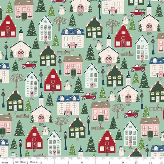 Christmas Village by Katherine Lenius for Riley Blake Designs is great for quilting, apparel and home decor. This print features a village of snow-covered houses, trees, snowmen and more.  100% cotton  Width: 43"/44"
