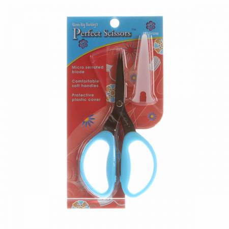 Karen Kay Buckley's 6in Medium Perfect Scissors has a micro serrated blade that keeps fabric from slipping so cutting is more accurate, helps to prevent frayed edges and cuts four to six layers of cotton fabric easily. Comes with a protective plastic cover.  Color: Blue Handles Made of: Plastic and Metal Use: Scissors Size: 6in long Included: One Pair of Scissors