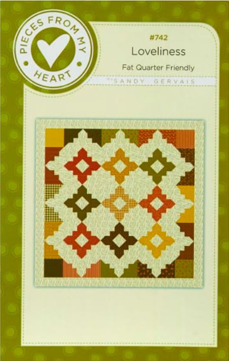 The Loveliness Quilt by Sandy Gervais of Pieces from My Heart is fat quarter friendly and makes a lovely fall quilt but is very versatile and will work for any season by changing up the fabrics. Finished size is 72" x 72".