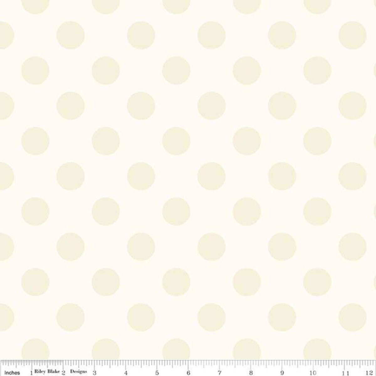 This Riley Blake Designs Basic fabric fabric features cream 3/4" polka dots on a lighter cream background and is perfect for quilting, apparel and home decor accents.  Sold by the 1/2 yard.  Fabric will be cut in one continuous piece unless the customer notes otherwise.  100% cotton  Width: 43"/44"