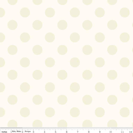 This Riley Blake Designs Basic fabric fabric features cream 3/4" polka dots on a lighter cream background and is perfect for quilting, apparel and home decor accents.  Sold by the 1/2 yard.  Fabric will be cut in one continuous piece unless the customer notes otherwise.  100% cotton  Width: 43"/44"