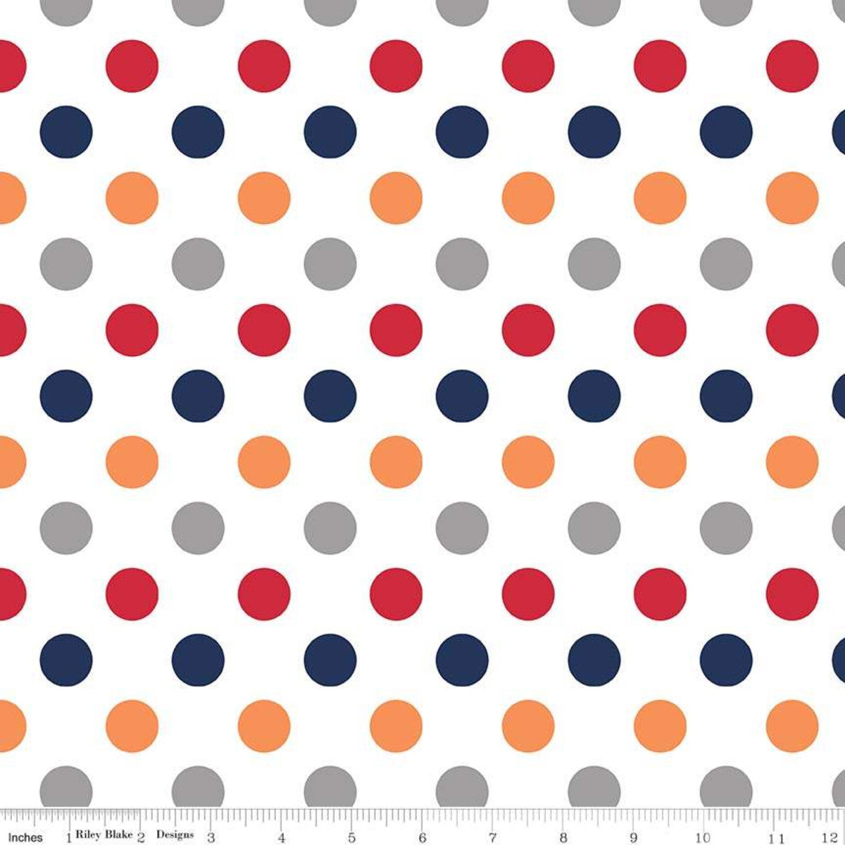 This Riley Blake Designs Basic fabric features a 3/4" multi colored polka dot pattern on a white background. It's perfect for quilting, apparel and home decor projects.  Sold by the 1/2 yard.  Fabric will be cut in one continuous piece unless the customer notes otherwise.  100% cotton  Width: 43"/44"