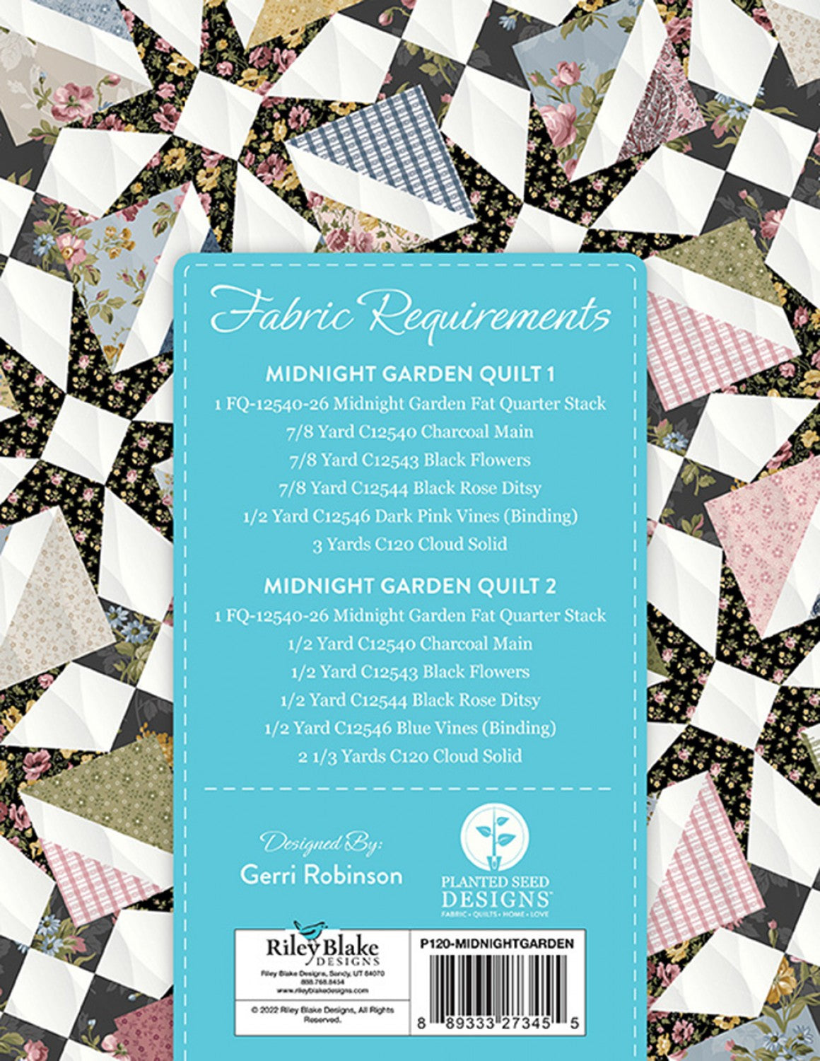 The Midnight Garden Quilt by Gerri Robinson of Planted Seed Designs is fat quarter friendly and features a pieced block with two different post and sashing variations. Finished size is 56" x 56".