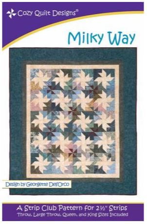 Milky Way - A Strip Club Pattern Designed for 2½” Strips! Who doesn’t love stars?! With this Strip Club pattern you create your own Milky Way out of 2 ½" strips. The many shades or colors in the strip bundle create the dynamic sky, and the background fabric creates the stars. Look closely and you will also see subtle pinwheels too!  The pattern includes instructions for:  Throw 60in x 70in Large Throw 70in x 80in Queen 90in x 100in King 110in x 110in