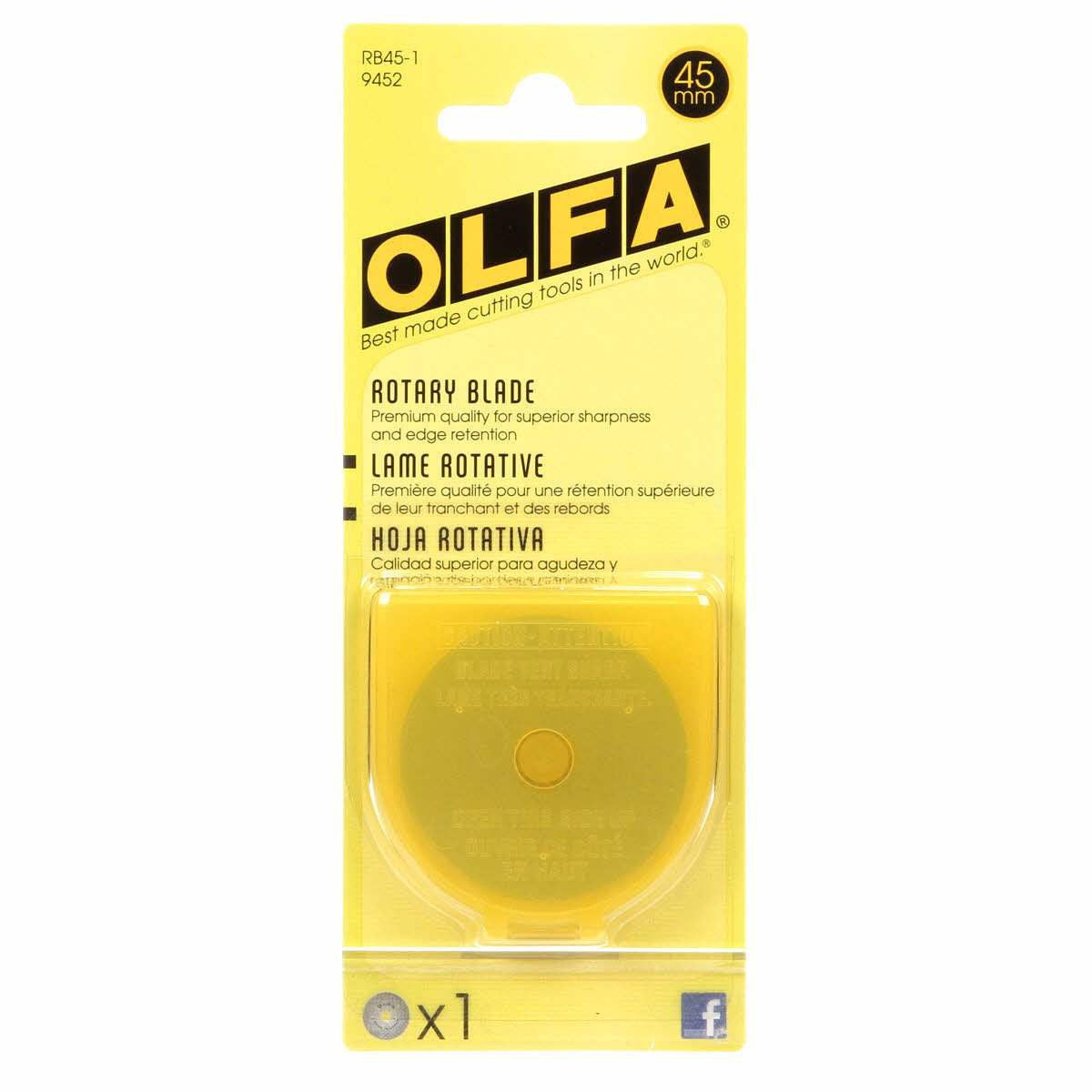 This Olfa rotary blade cuts up to six layers of fabric at a time, saving you precious time. Because the blade is made of tungsten tool steel, it retains its sharp edge, saving you money. The replacement blade fits any Olfa 45mm rotary cutter. Made from high-quality tungsten tool steel. Fits any Olfa 45mm rotary cutter. Package contains 1 blade.