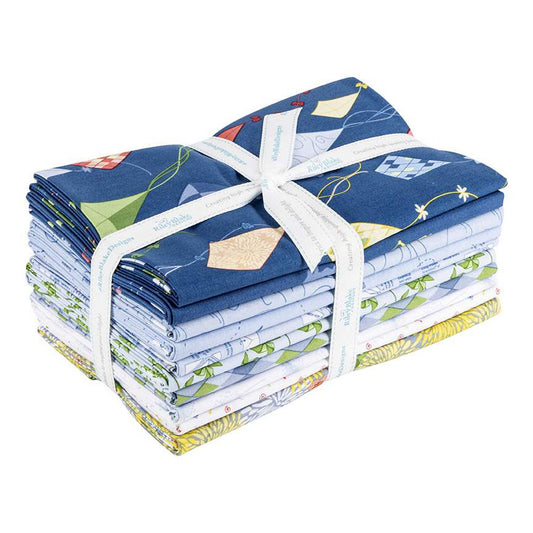 This 1-Yard precut bundle includes a 1-yard piece of each print in the blue colorway (C11850-BLUE, C11851-DENIM, C11852-SKY, C11853-SKY, C11854-SKY, C11855-SKY, C11856-SKY, C11857-WHITE, C11858-SKY, C11859-MULTI) from the On the Wind collection by Jill Finley of Jillily Studio for Riley Blake Designs for a total of 10 yards.  100% cotton  Width: 43"/44"