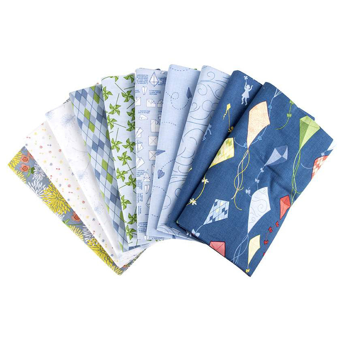 This 1-Yard precut bundle includes a 1-yard piece of each print in the blue colorway (C11850-BLUE, C11851-DENIM, C11852-SKY, C11853-SKY, C11854-SKY, C11855-SKY, C11856-SKY, C11857-WHITE, C11858-SKY, C11859-MULTI) from the On the Wind collection by Jill Finley of Jillily Studio for Riley Blake Designs for a total of 10 yards.  100% cotton  Width: 43"/44"