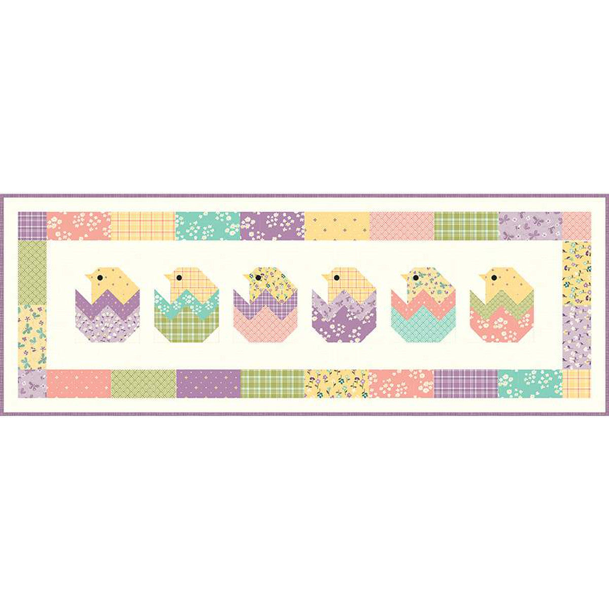 The Peeps Table Runner pattern by Sandy Gervais of Pieces from My Heart features is 5-inch stacker friendly and features pieced chicks hatching from their shells. Finished size is 15" x 42".