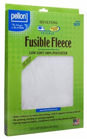 Pellon® Fusible Fleece is a one-sided fusible fleece that adds a layer of softness, body, and stability to home decorating, craft and apparel sewing. No Pinning! No Basting! No Sewing! Can be fused to fabric, cardboard, or wood. It is completely sewing machine safe. 100% Low Loft Acid-Free Polyester. 45in by-the-yard width. Packaged Size: 22in x 36in. Sewing Machine Safe  Non-Woven Fusible Weight: Heavy Single Sided Washing/Drying instructions: Machine wash warm, delicate cycle. Tumble dry low or dry clean.