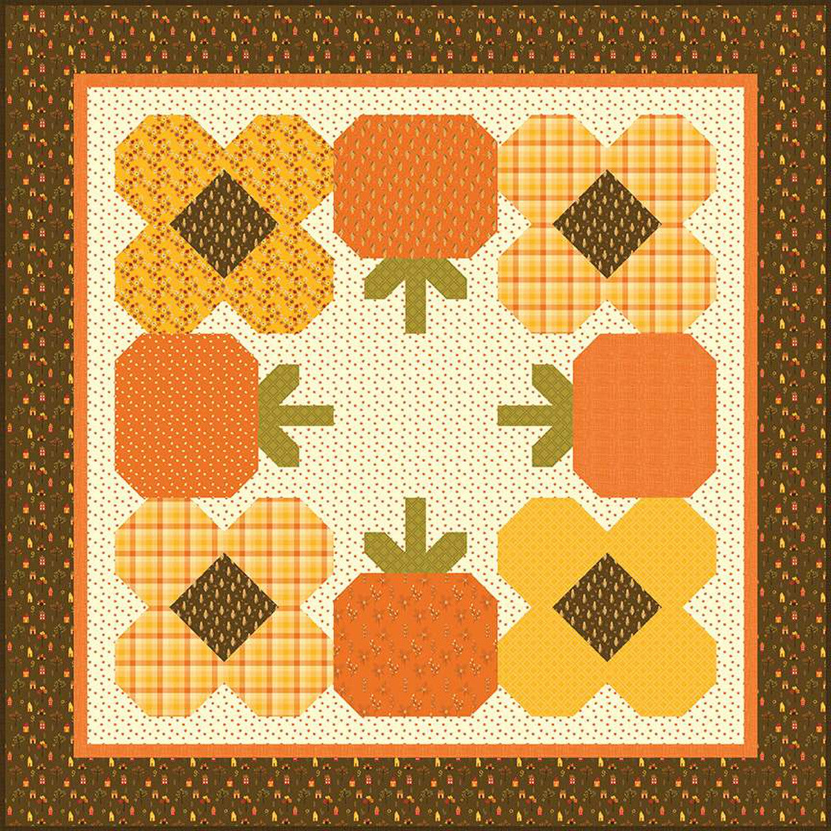 The Pumpkin Parade Runner and Quilt by Sandy Gervais of Pieces from My Heart are quick and easy piecing. You can choose to put faces on the pumpkins or not. This pattern includes instructions for both a quilt and a runner. Finished quilt size is 60" x 60". Finished runner size is 20" x 80".