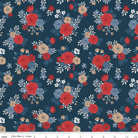 Red, White and True by Dani Mogstad for Riley Blake Designs is great for quilting, apparel and home decor. This print features clusters of flowers.  Sold by the 1/2 yard.  Fabric will be cut in one continuous piece unless the customer notes otherwise.  100% cotton  Width: 43"/44"