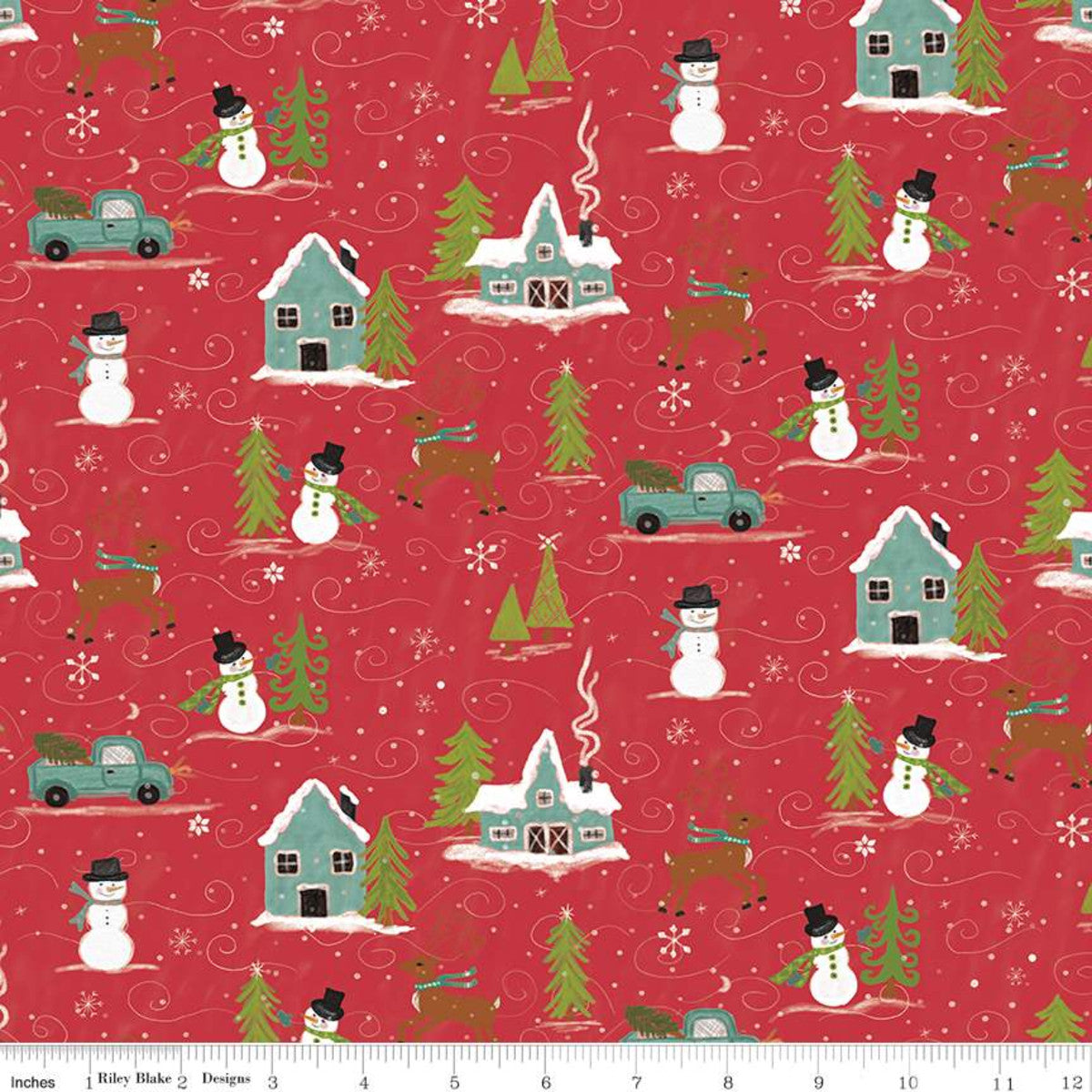 Snowed In by Heather Peterson for Riley Blake Designs is great for quilting, apparel and home decor. This print features snowmen, snow-covered houses, vintage trucks, deer, pine trees and more on a background of snowflakes, dots, and swirls.  Sold by the 1/2 yard.  Fabric will be cut in one continuous piece unless the customer notes otherwise.  100% cotton  Width: 43"/44"